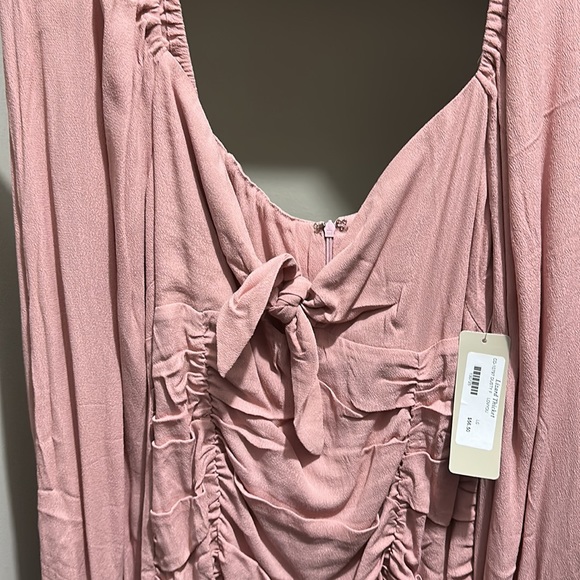 Pink bodycon dress with zipper back, ruching in the front, tie neckline - Picture 2 of 7